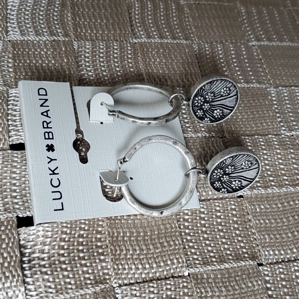 Lucky Brand Silver Tone Hoop Earrings w Drop Coin